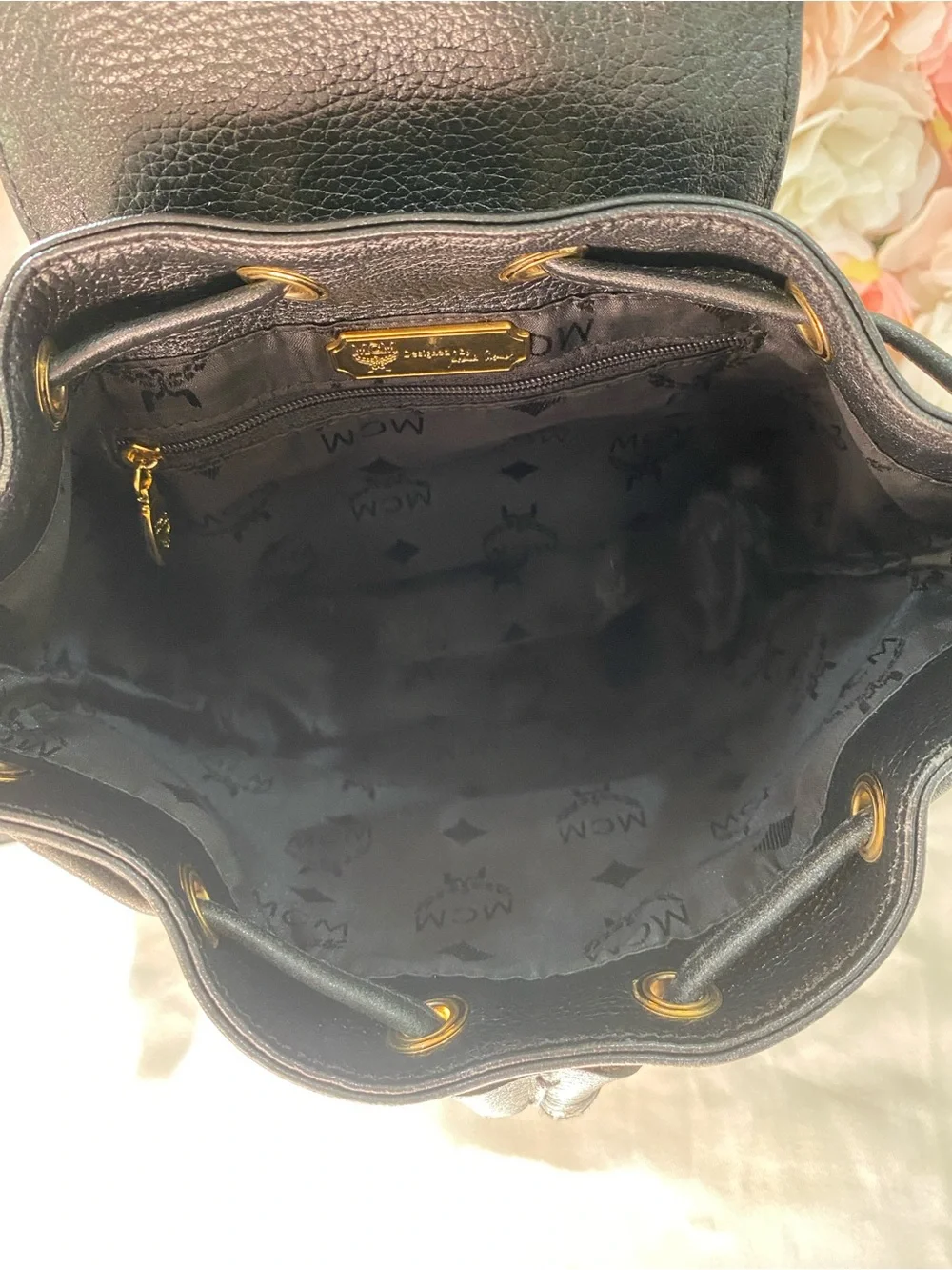 MCM Black Leather Mini Backpack with Gold Hardware Accents